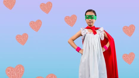 animation of girl in superhero costume over multiple be you text on flying hearts