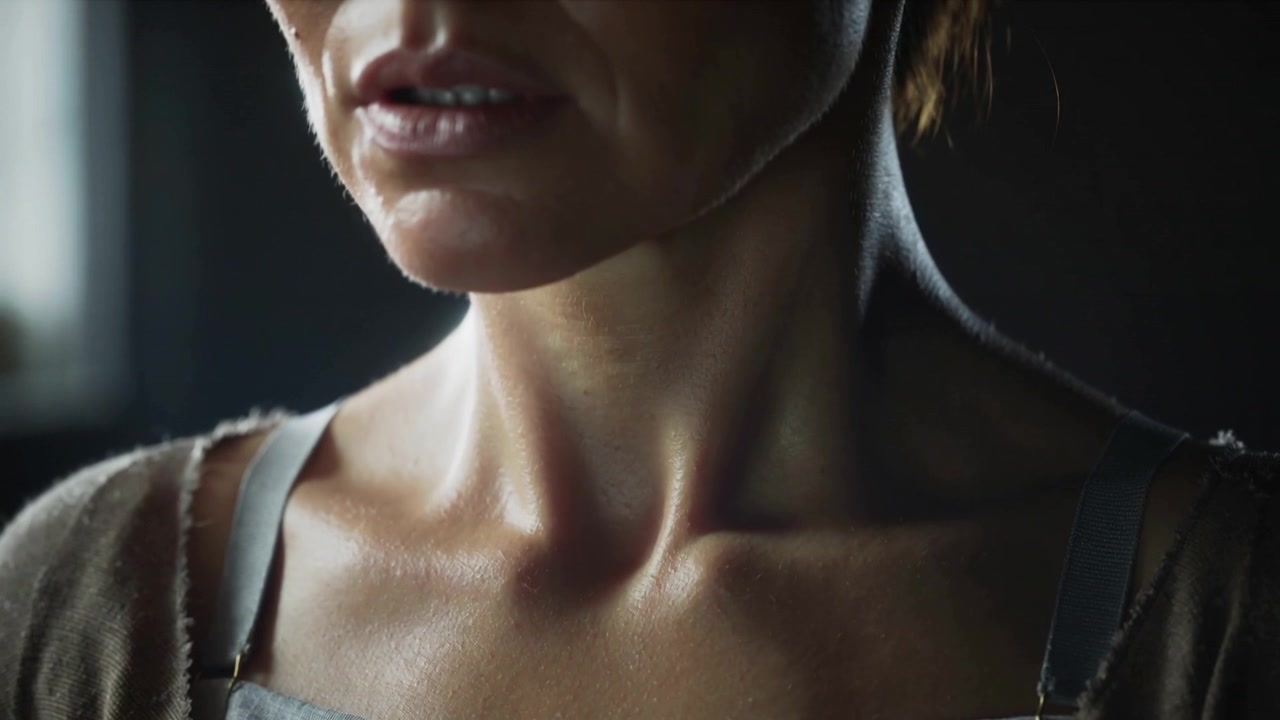 Una donna adulta che inspira, preparandosi a parlare in cucina, mostrando le cinghie del grembiule e la finestra a sinistra.