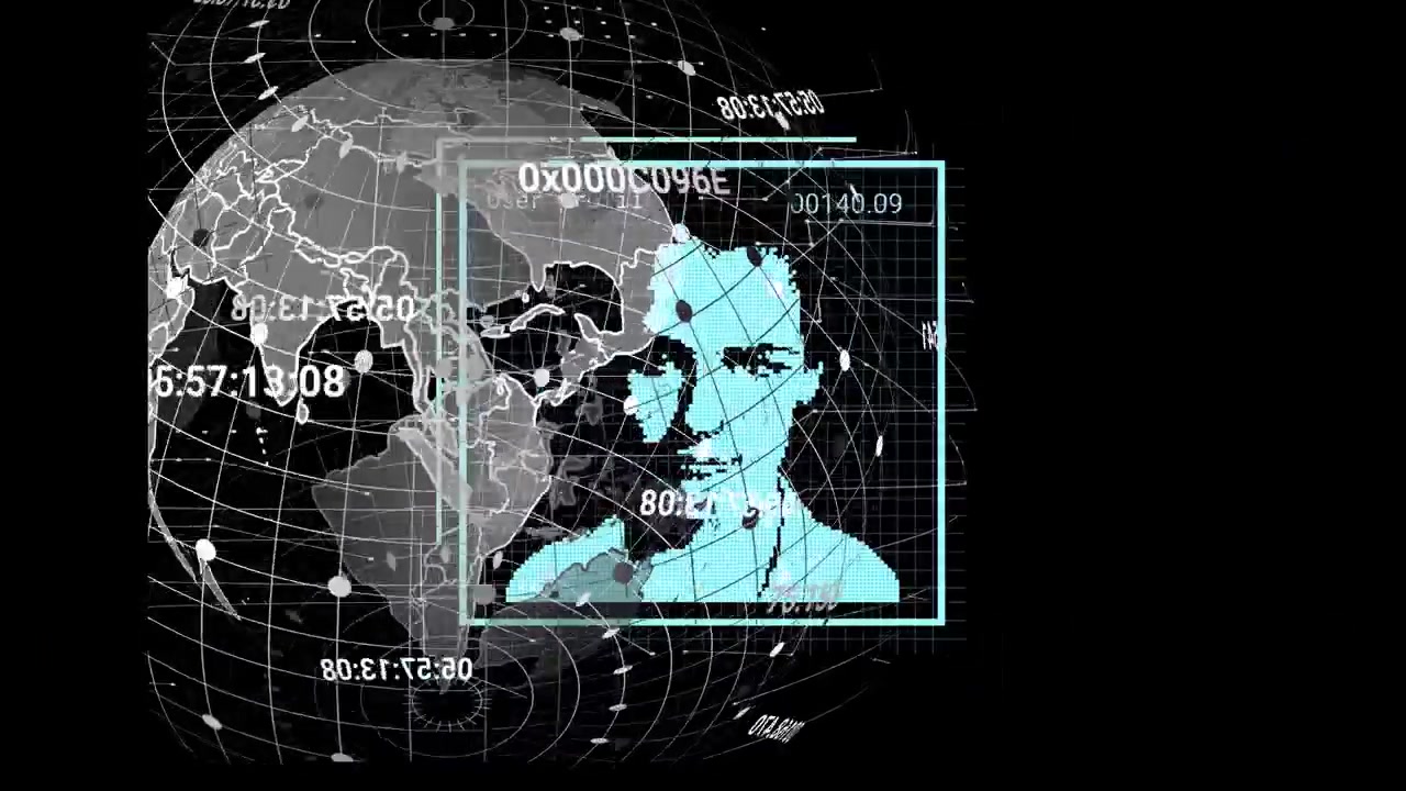 Animazione di elaborazione dati con ritratti di persone diverse su globo su sfondo nero