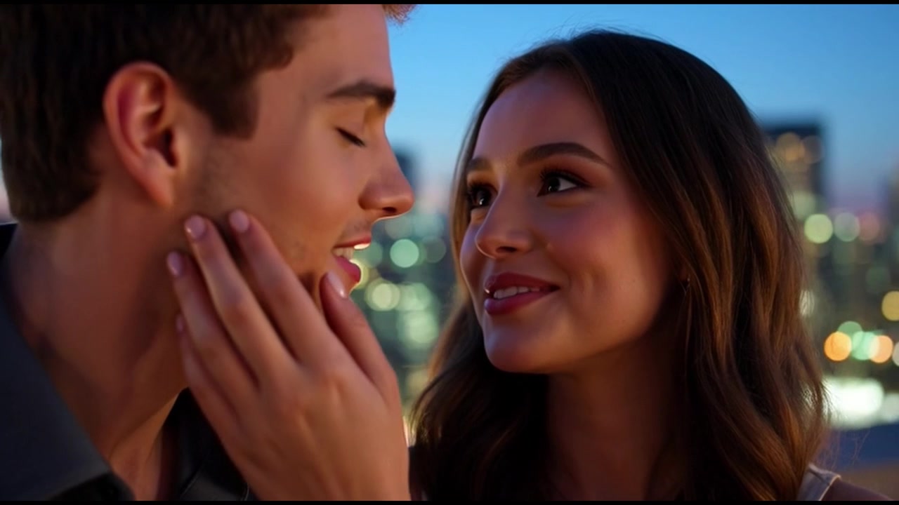 Young Couple Sharing Romantic Moment on Rooftop at Night