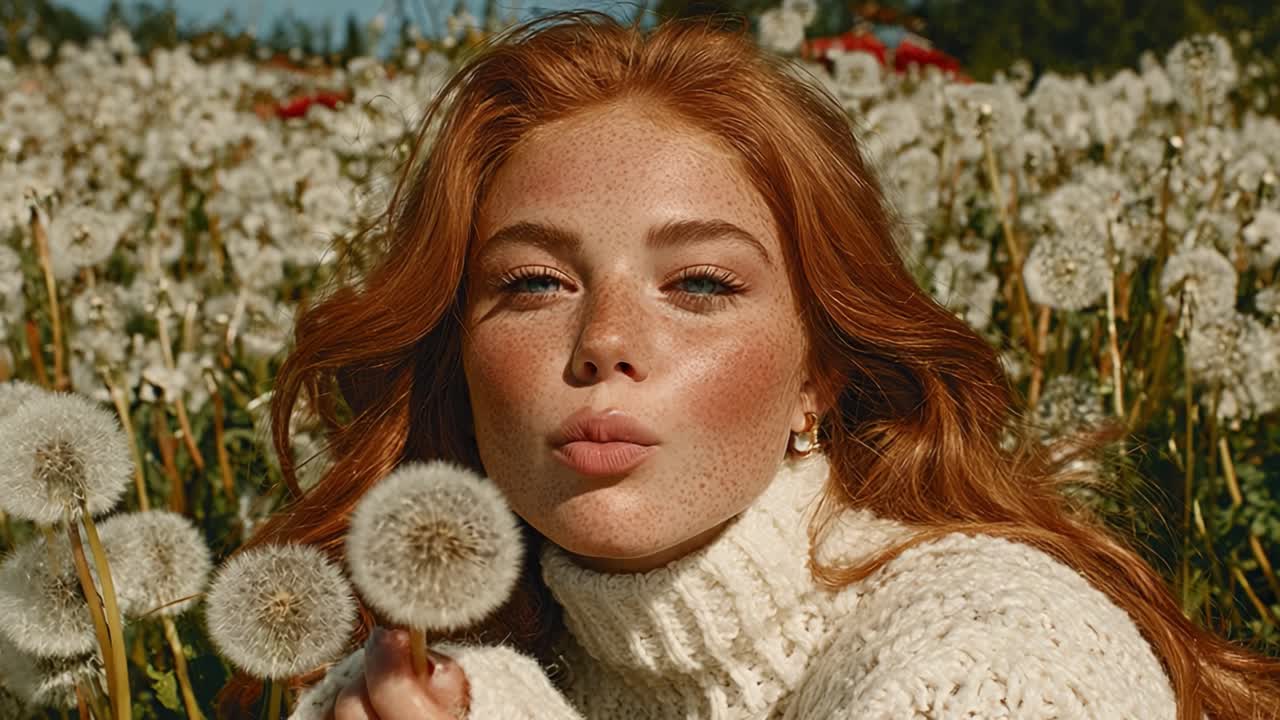 A Beautiful Young Woman Poses Amidst a Field of Dandelions, Showcasing Her Radiant Red Hair and Charming Expression, Perfectly Capturing the Essence of Summer