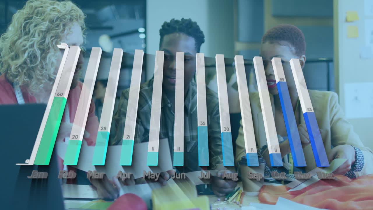 Bar chart animation over diverse group collaborating at office desk
