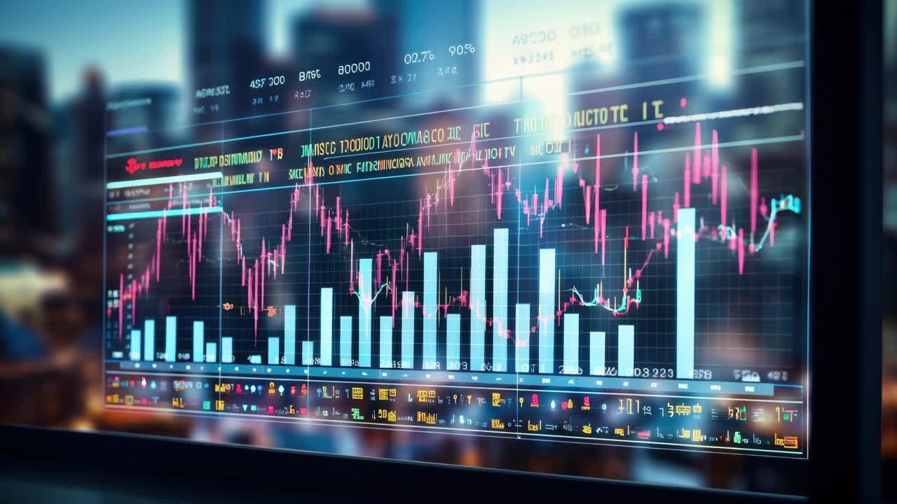 Dynamic video of a digital stock market chart, captured from a side angle, with a cityscape