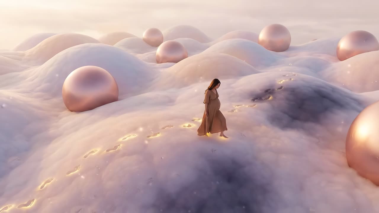 Pregnant Woman Walking on Ethereal Cloud Landscape with Glowing Footprints