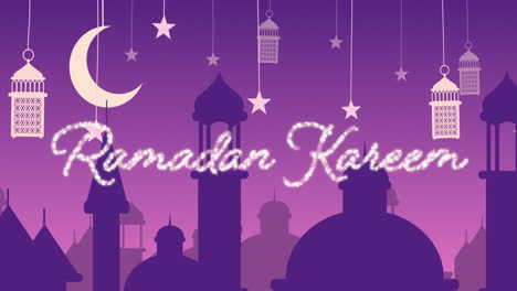 glitzernden ramadan kareem begrüßung mit moscheen und laternen mit mond und sternen