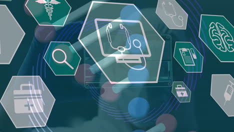 animación de iconos médicos con globo, cadena de adn y procesamiento de datos