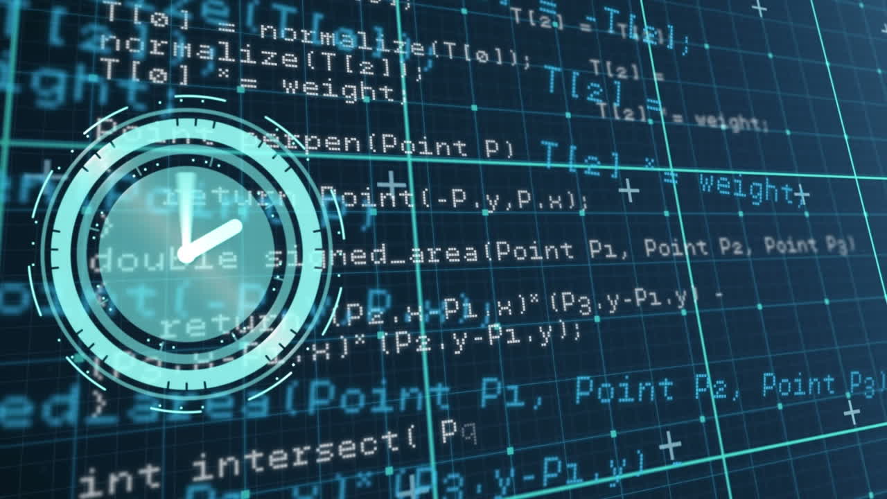 Animation of neon ticking clock and data processing over grid network against blue background