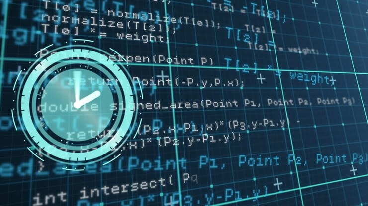 Animasjon av neontikkende klokke og databehandling over rutenettverk mot blå bakgrunn