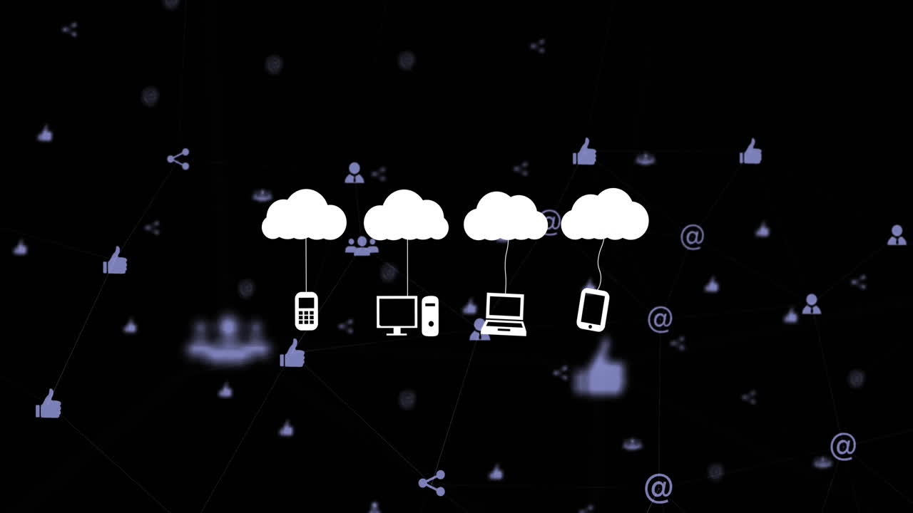 Cloud computing animation showing digital network symbols on dark background