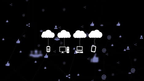 cloud computing animation showing digital network symbols on dark background