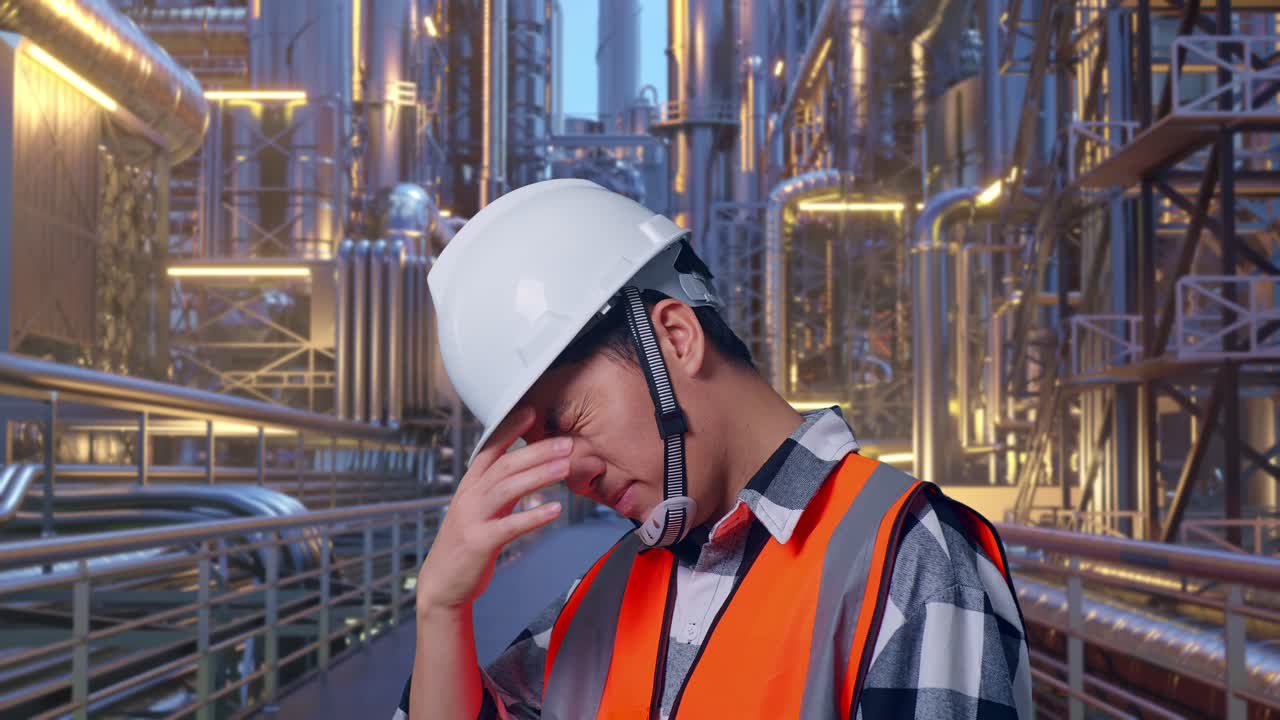 Close Up Side View Of Asian Male Engineer With Safety Helmet Having A Headache While Working At A Vast Oil Refinery