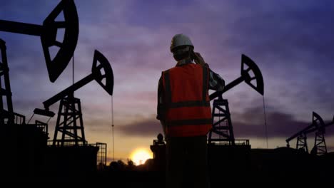 back view of asian male engineer with safety helmet talking on smartphone while standing in front of the oil pumps, during sunset or sunrise time