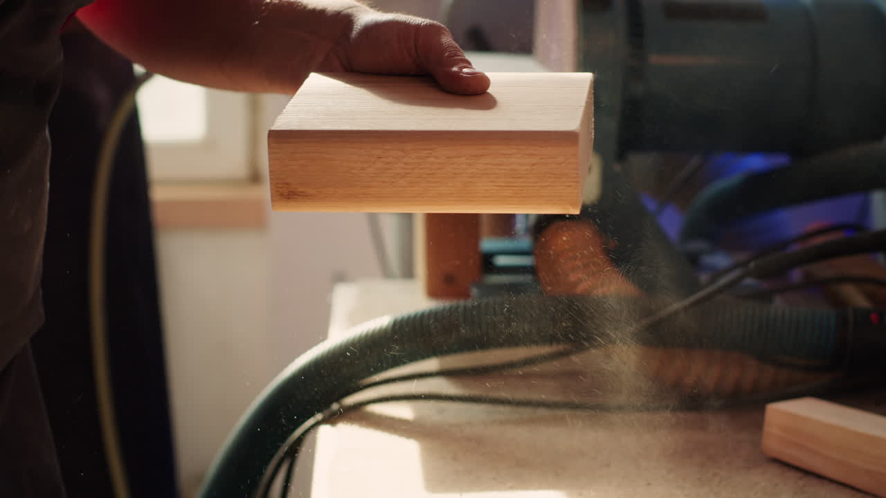 나무 가공 전문가 는 산드 페이퍼 를 사용 하여 목재 를 수동 으로 산드 하는 일 을 한다.