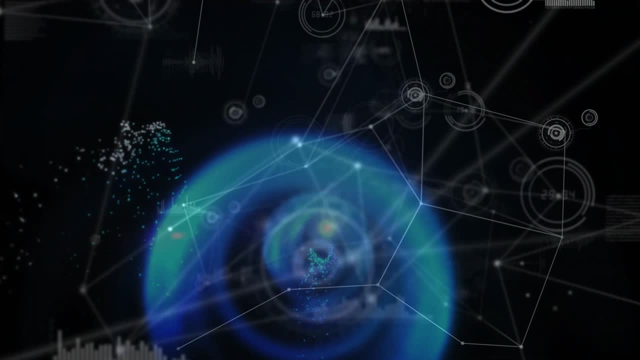 Small blue glow appearing, expanding, central spiral pulling particles inward, showing data flow
