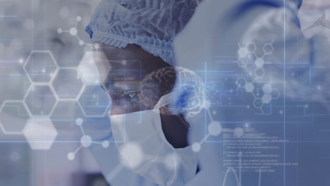 Animation of data processing with molecules and brains over african american male surgeon