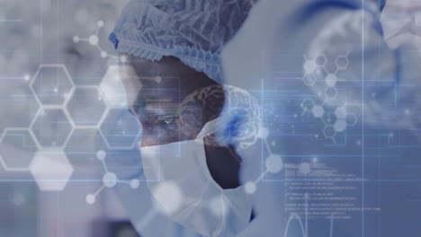 animation of data processing with molecules and brains over african american male surgeon