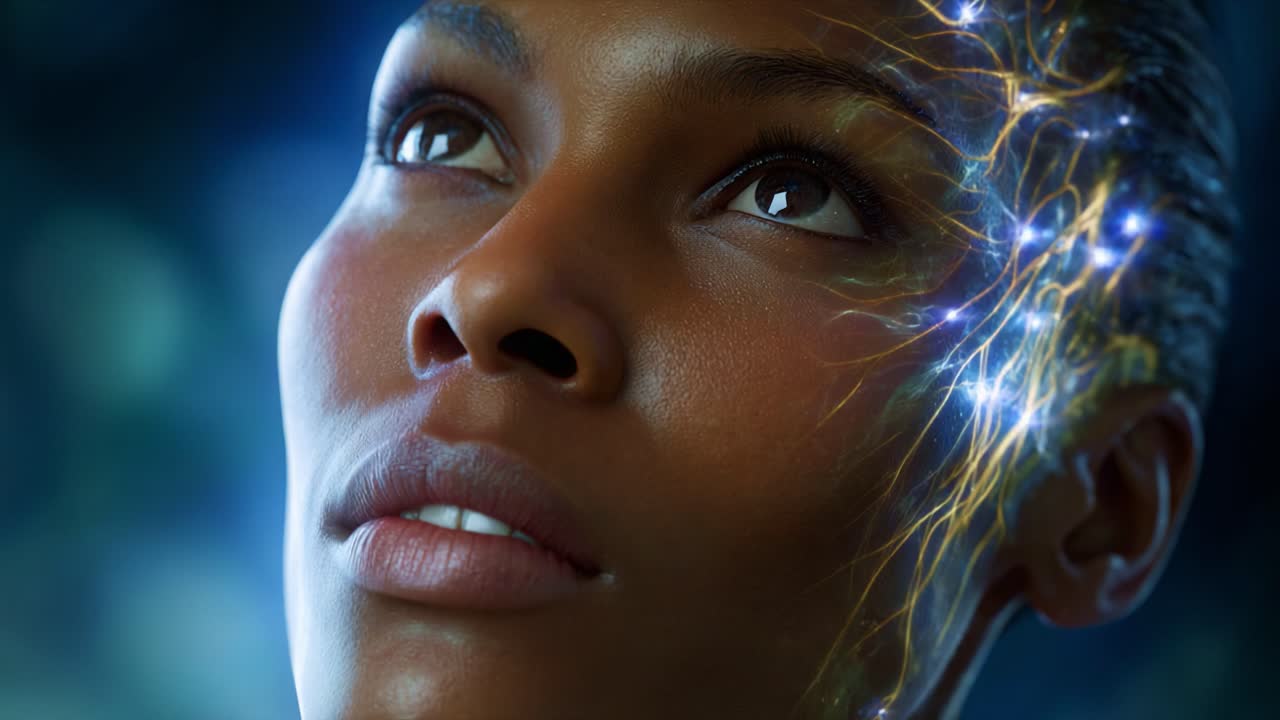 A close-up of a woman's face revealing intricate neural patterns, showcasing the interplay between technology and human emotion, highlighting creativity and expression
