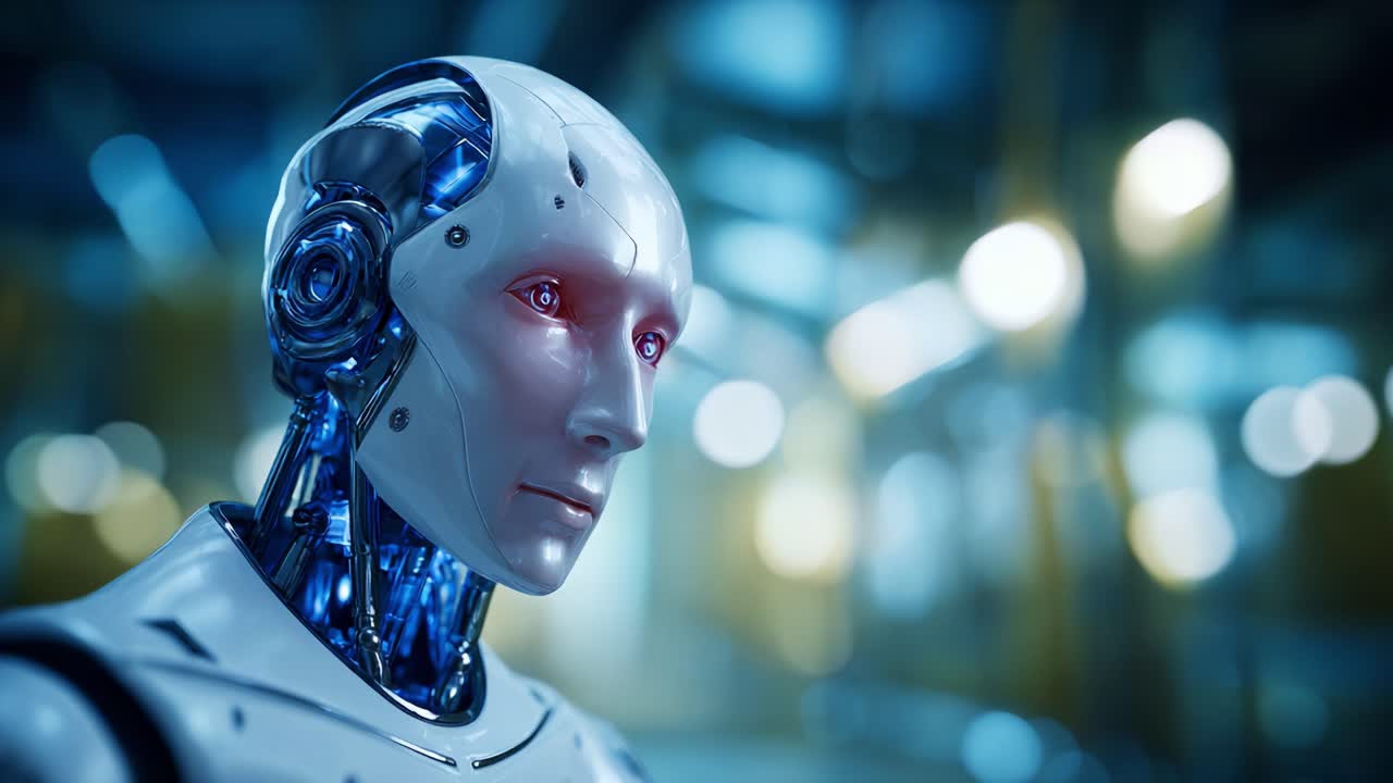 Robot umanoide futuristico con un design elegante, dettagli blu luminosi e caratteristiche facciali avanzate, che mostra la tecnologia moderna in un ambiente con sfondo sfocato