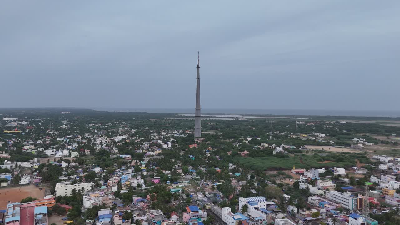 An aerial video of the Rameswaram TV Tower is a free-standing tower that was built in 1995. the tallest structure in India. The tower is used by Doordarshan for television broadcasting.