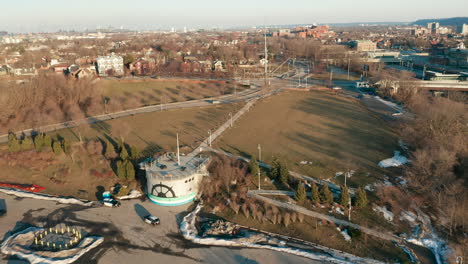Aerial-shot-of-parking-lot-at-city-park
