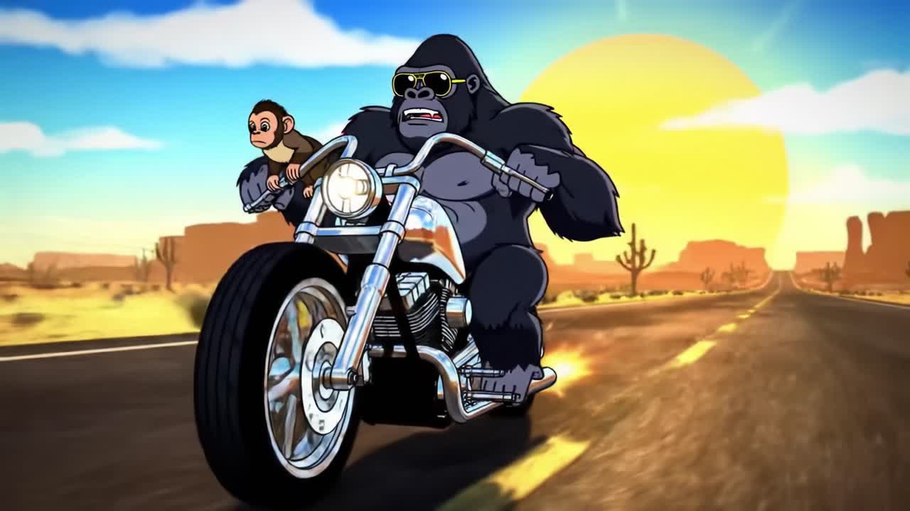 An animated gorilla and monkey duo joyfully ride a motorcycle together under a bright sunset, showcasing adventure, friendship, and fun against a desert backdrop