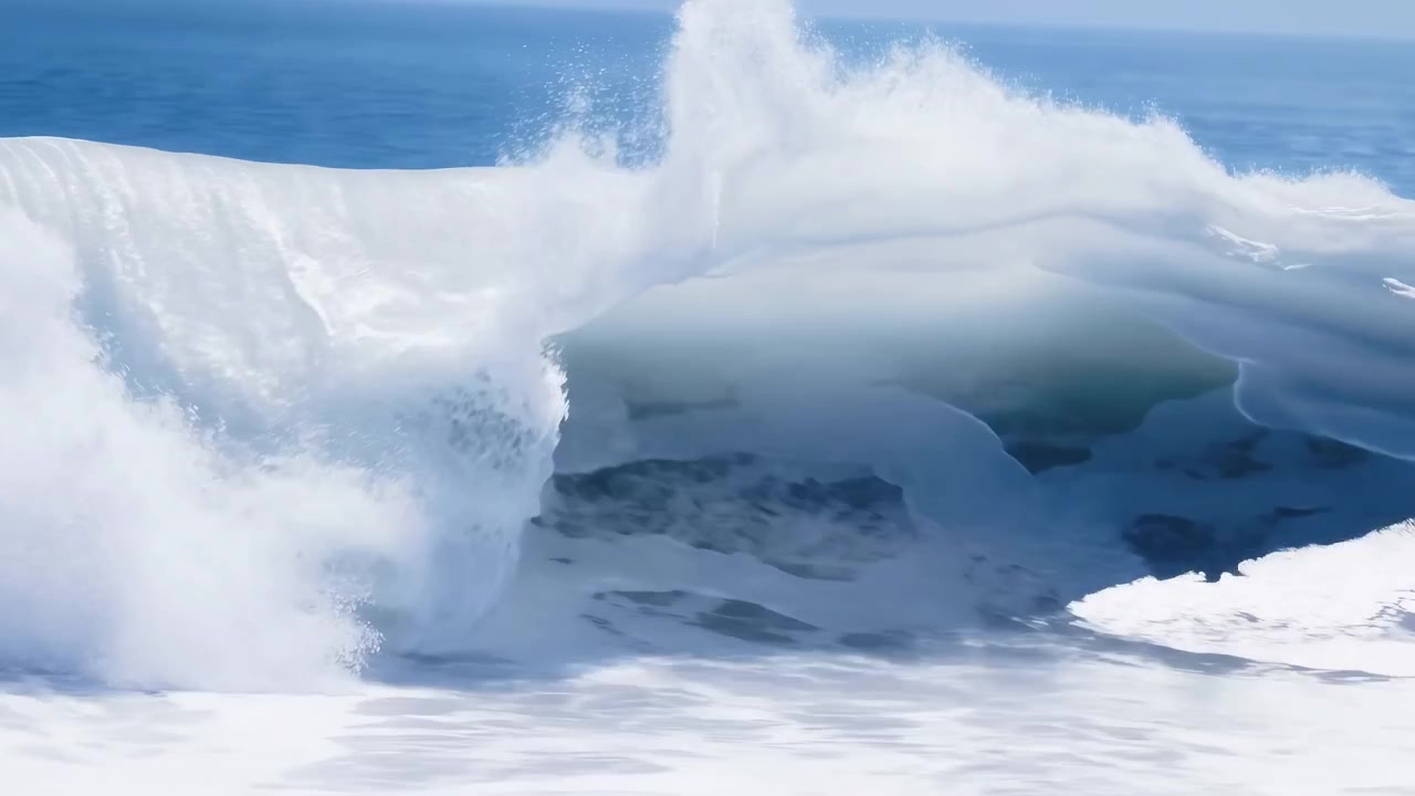 大きな海の波が岸辺近くで砕け、巻く半透明の波頭、白い泡立つしぶき、そして浅い沿岸の海に押し寄せる水が特徴。ダイナミックな動き、明るい昼光、そして劇的な自然のエネルギーを生み出している。