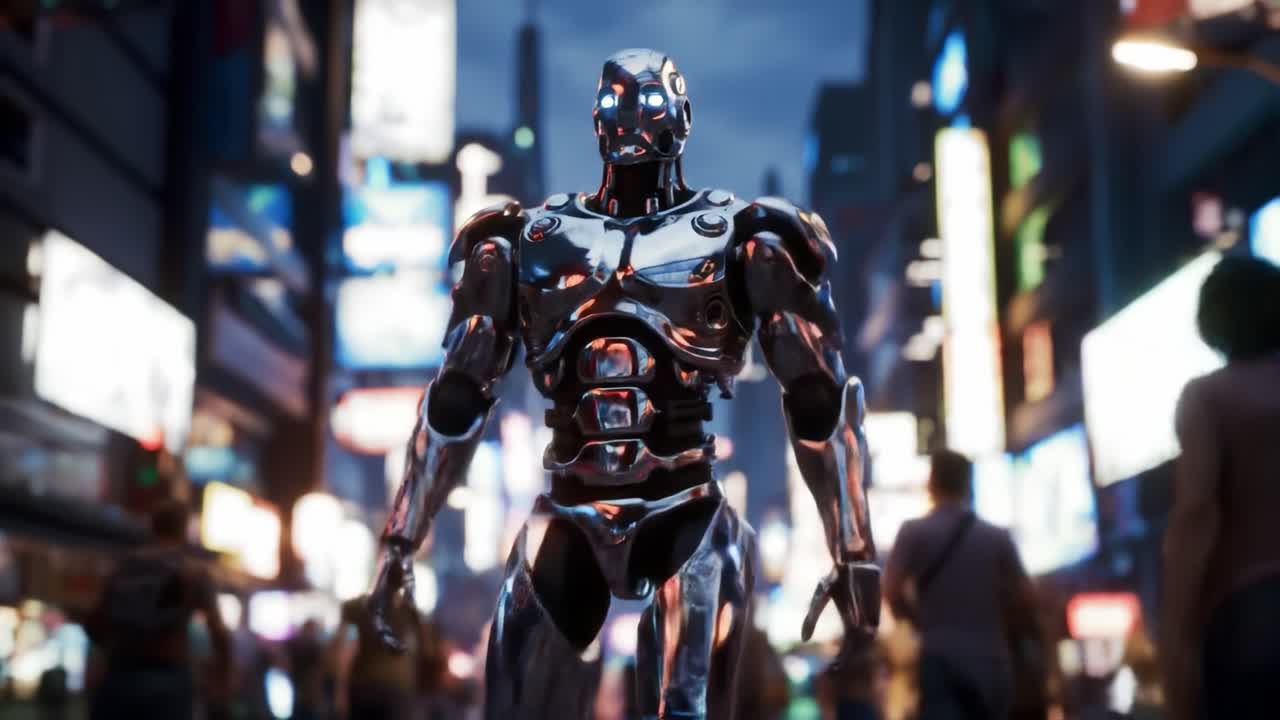 A sleek metallic robot navigates a bustling cityscape at night, surrounded by bright neon signs and an energetic crowd. The atmosphere is alive with urban excitement and technology.