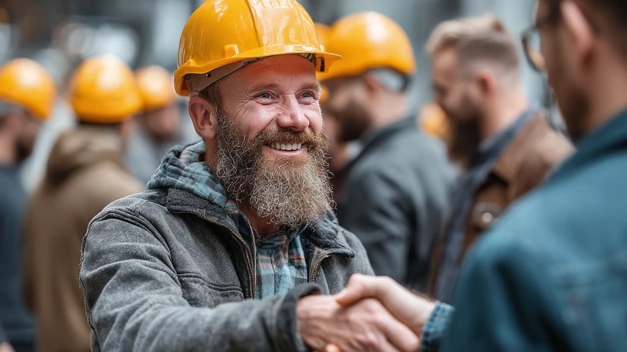 A Warm Gesture of Partnership: A Happy Worker with a Beard and Yellow Hard Hat Shakes Hands with a Colleague in a Construction Environment Filled with Fellow Workers