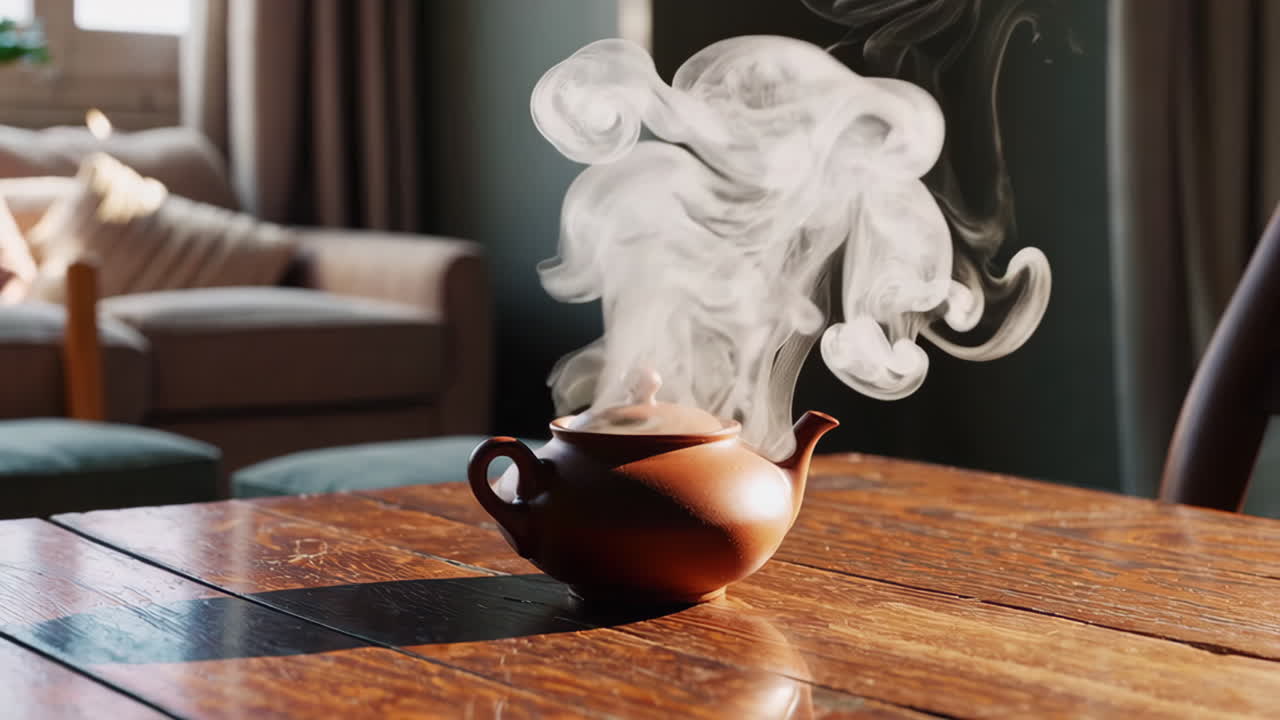 A cozy scene with a teacup, teapot, and rising steam on a wooden table in a home setting