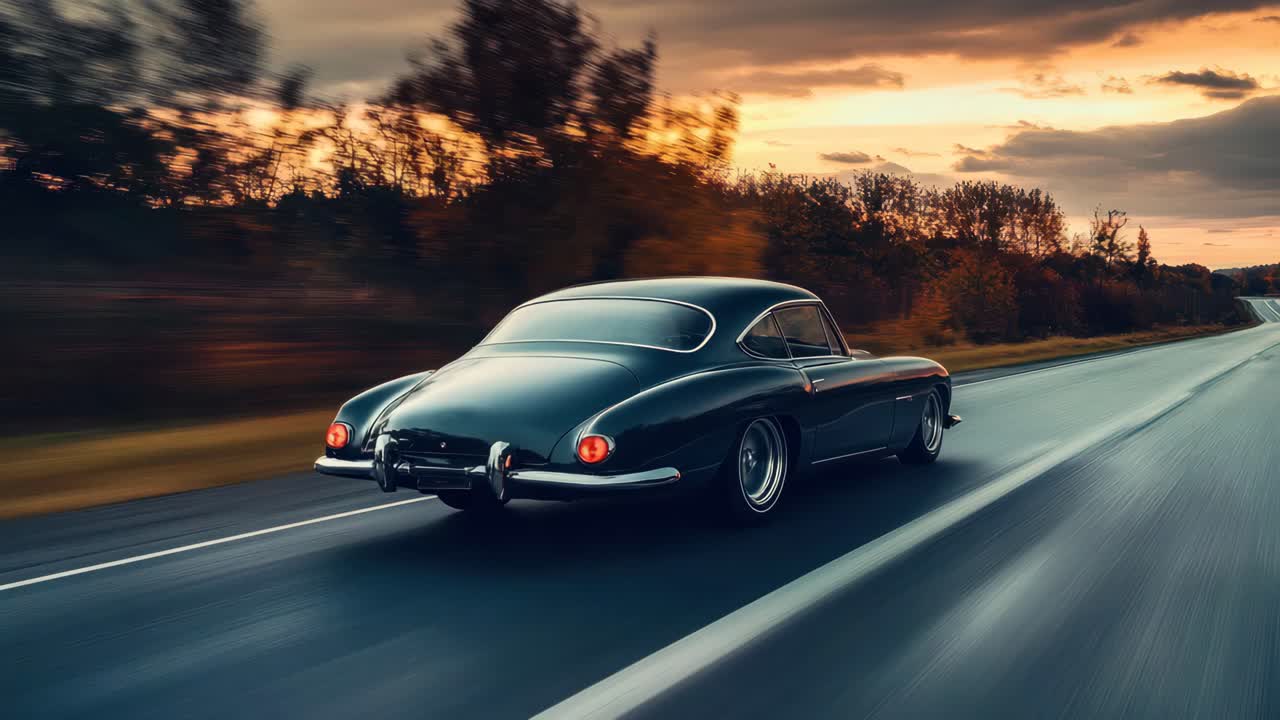 Un'auto d'epoca sfreccia su una strada panoramica al tramonto, ripresa da una angolazione posteriore bassa, evocando un'atmosfera vintage