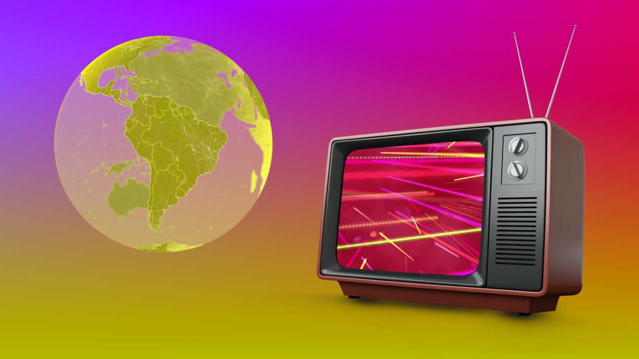 animación de televisión antigua con globo terrestre en un fondo colorido