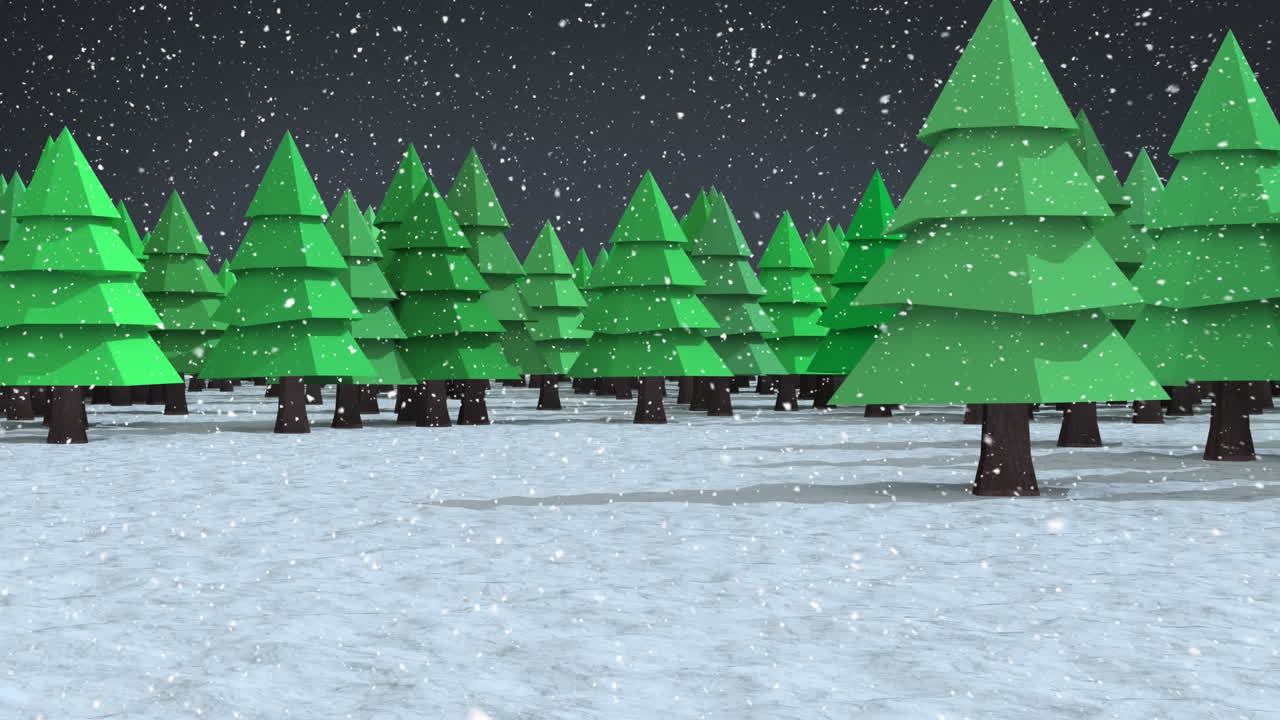 Animation of snow falling over fir trees and winter scenery