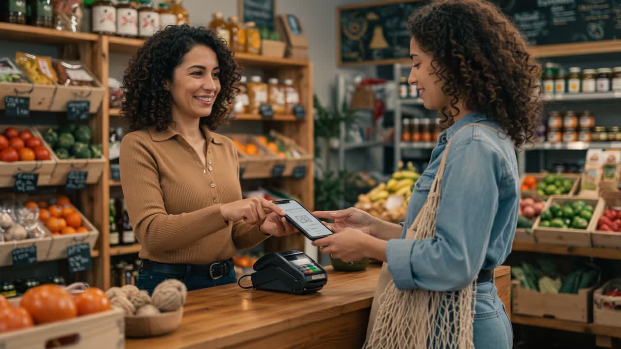 A Friendly Exchange at the Local Market: A Customer Makes a Payment While Shopping in a Vibrant Grocery Store Filled with Fresh Produce and Groceries