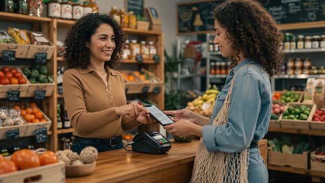 a friendly exchange at the local market: a customer makes a payment while shopping in a vibrant grocery store filled with fresh produce and groceries