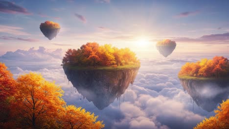 a breathtaking autumn landscape of floating islands above clouds, featuring vibrant trees and a golden sunrise, evoking a dreamlike fantasy atmosphere