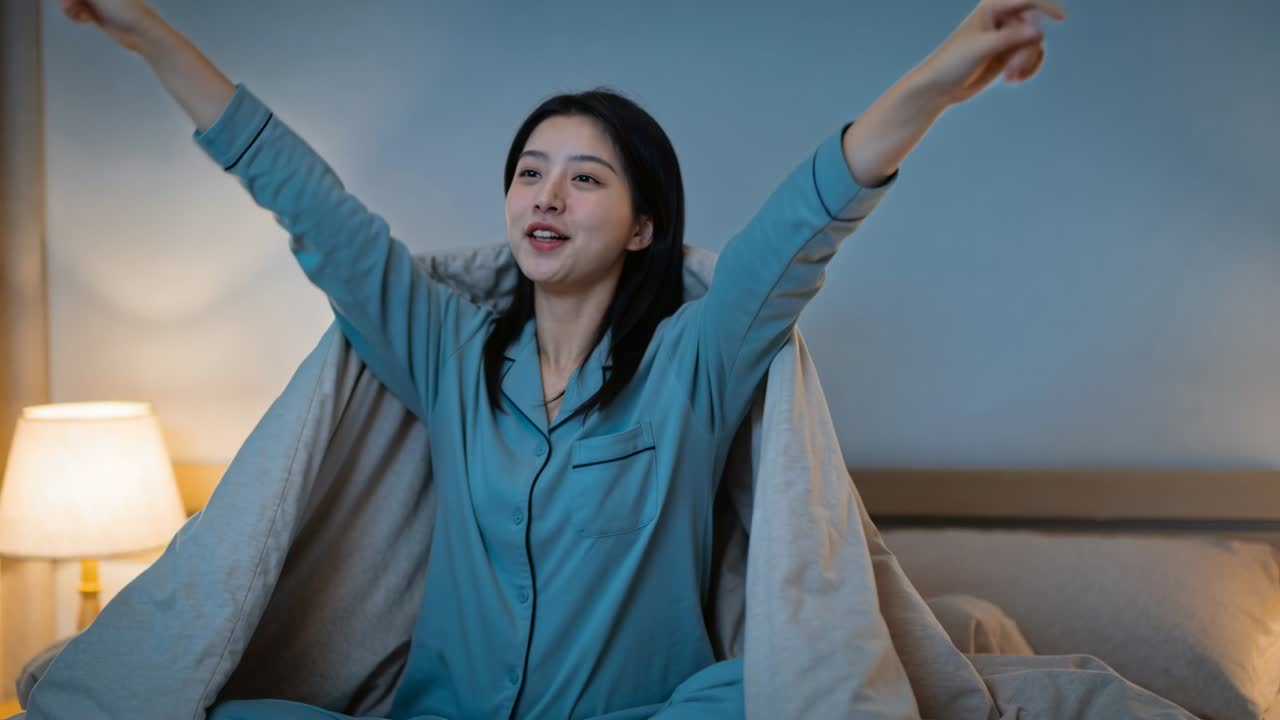 女性が目覚め、羽毛布団を引き下げ、腕を伸ばす。ベッドサイドランプが光り、ウェルネスのオーバーレイが現れる。