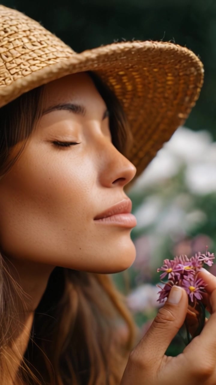 Un momento sereno catturato mentre una donna con un cappello di paglia tiene delicatamente fiori delicati, abbracciando la bellezza della natura con gli occhi chiusi in tranquillità e consapevolezza.