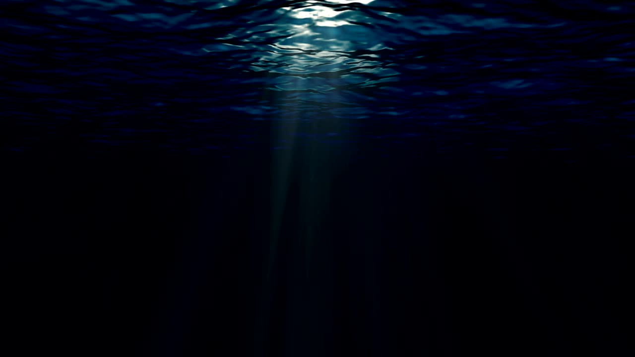 animación en bucle de 4k de las olas del océano desde debajo del agua con plancton flotante. rayos de luz brillando a través. fondo. mar profundo azul oscuro. fondo gráfico de movimiento y animación.