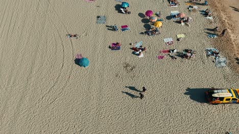 aerial view of a beach with people relaxing under umbrellas