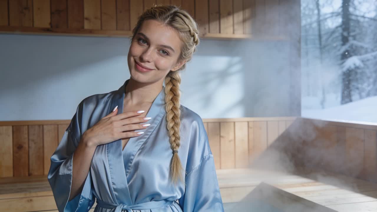 De la vapeur s'élevant d'une vasque attire une femme en peignoir bleu, qui touche sa poitrine et sourit dans une cabine de spa.