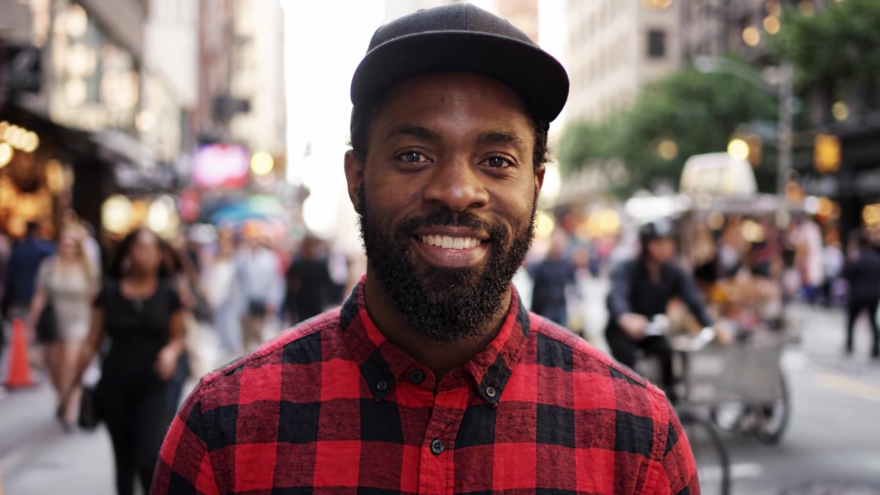 Un jeune homme profitant de la vie urbaine : Portrait captivant d'un individu moderne dans une rue animée avec une vie citadine vibrante autour
