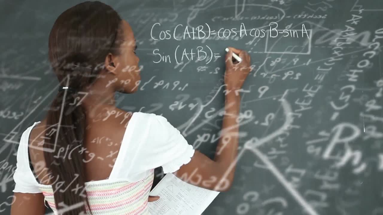 Animation of mathematical equations over female student writing on blackboard