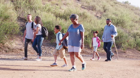 familia de varias generaciones con mochilas caminando juntos por el campo