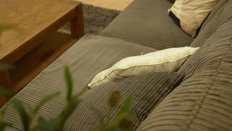 close up pillow laying in the brown textile sofa