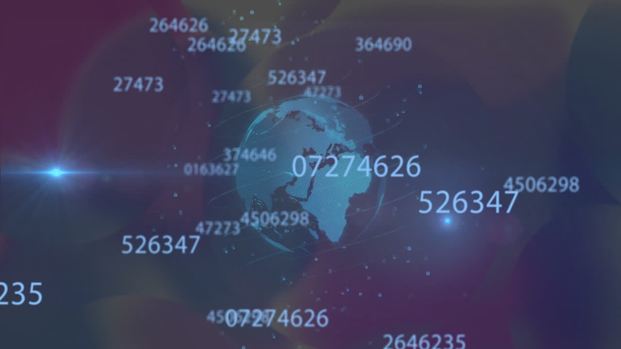 Rotating globe displaying floating numbers and digital data in futuristic animation