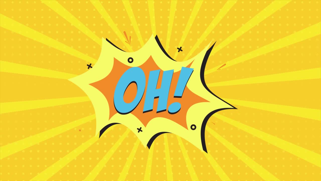 una animación de dibujos animados de tira cómica, con la palabra oh apareciendo. fondo amarillo y de medio tono, efecto de forma de estrella