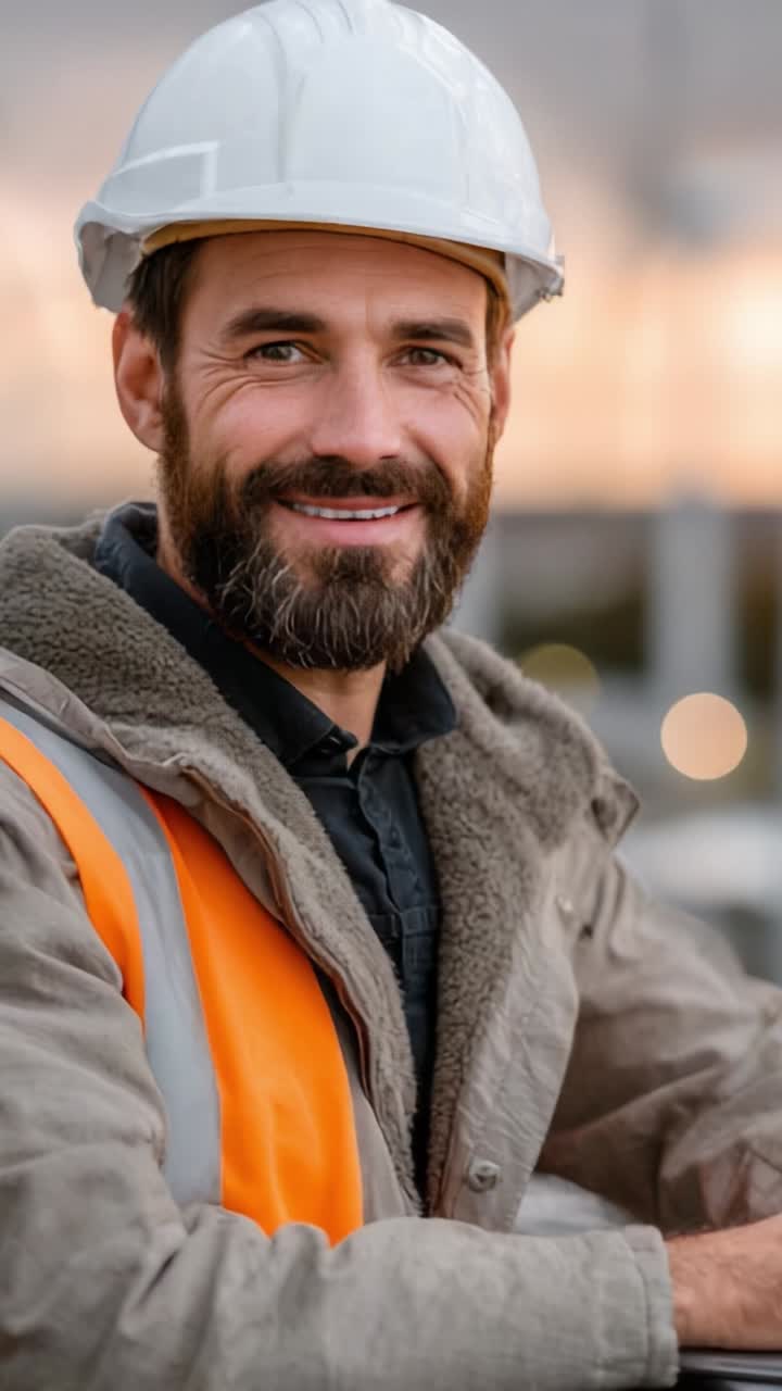 A professional construction worker proudly wearing a hard hat and safety vest smiles confidently at the camera, showcasing the importance of safety in the workplace