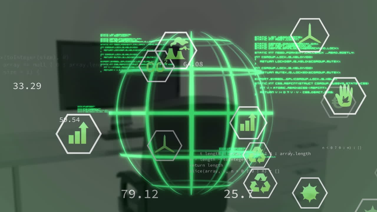 animación del globo, el lenguaje informático y los iconos sobre el escritorio y la silla desocupada en la oficina