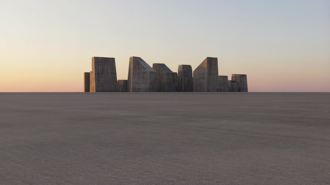 Abstract Concrete Structures in a Barren Landscape at Sunset