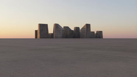abstract concrete structures in a barren landscape at sunset
